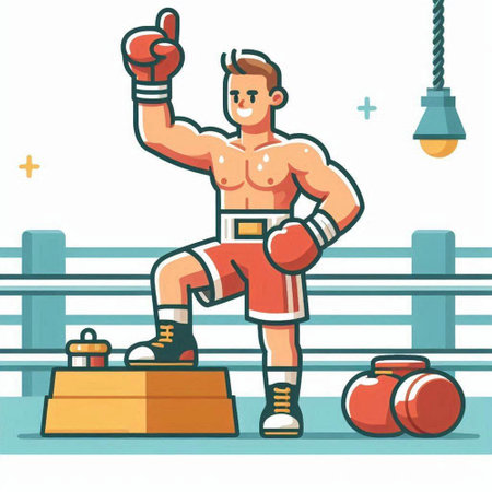 Cartoon vector illustration of male boxer in boxing ring. Sportsman training in ring.のイラスト素材