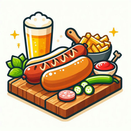 Vector illustration of hot dog, french fries and beer on wooden board.のイラスト素材