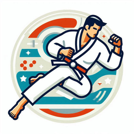 Illustration of a karate man practicing judo set inside circle done in retro style.のイラスト素材