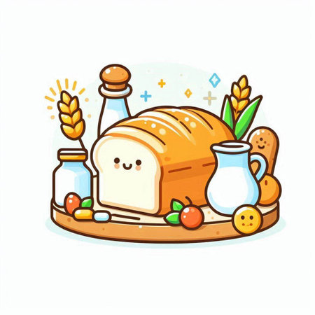 Bread vector illustration. Cute cartoon bread character with milk and bakery products.のイラスト素材