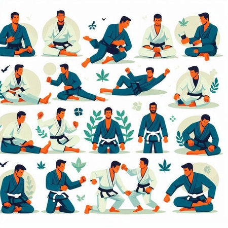Set of karate poses. Vector illustration in flat cartoon style.のイラスト素材