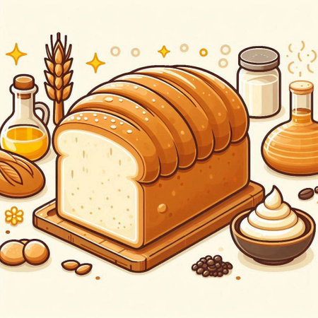 Illustration of a loaf of bread with different ingredients in the backgroundのイラスト素材