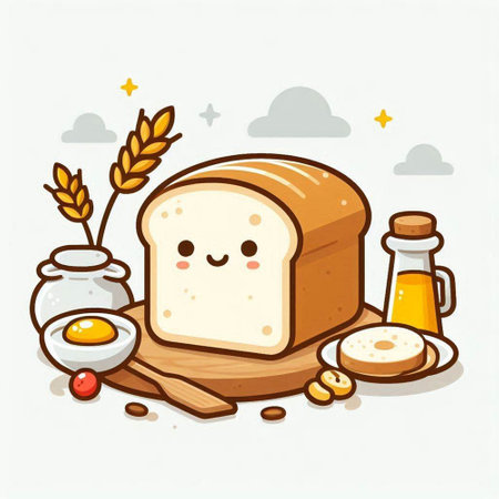 Cute happy cartoon bread character with wheat, eggs and milk. Vector illustration.のイラスト素材