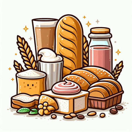 Vector illustration of a set of different types of bread and bakery productsのイラスト素材