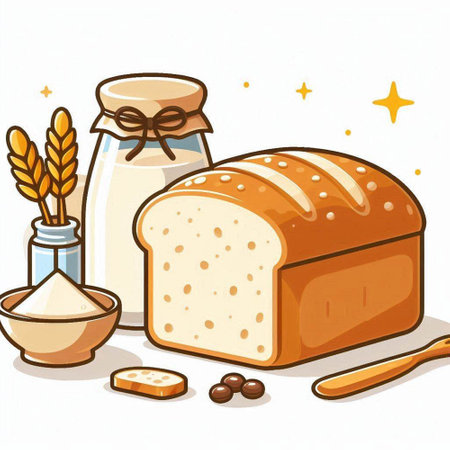 Vector illustration of a loaf of bread and ingredients for baking on a white backgroundのイラスト素材