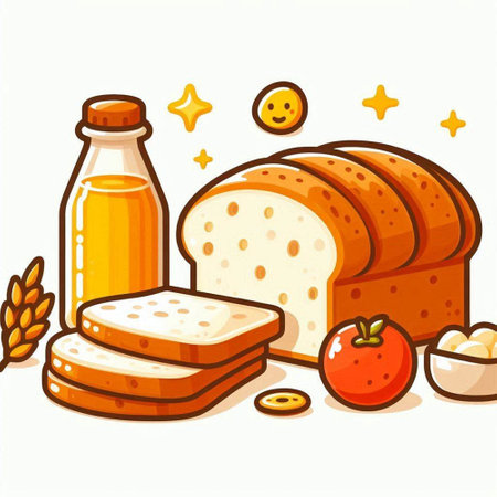Illustration of a fresh loaf of bread, tomato juice and other ingredientsのイラスト素材