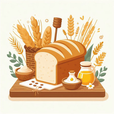 Bread, milk, sour cream, honey and wheat. Vector illustration.のイラスト素材