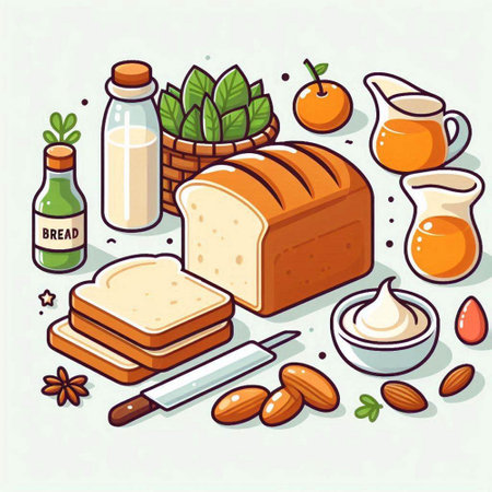 Bread and ingredients. Vector illustration of food and drink concept.のイラスト素材