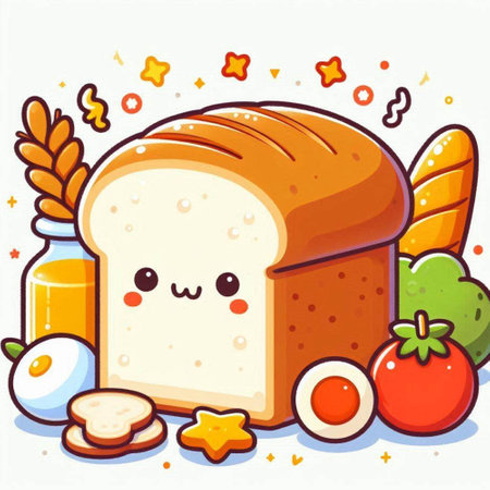 Illustration of a Cute Bread Character Mascot with Ingredientsのイラスト素材