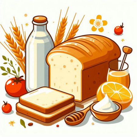 Illustration of fresh bread, milk, honey, wheat and fruitsのイラスト素材