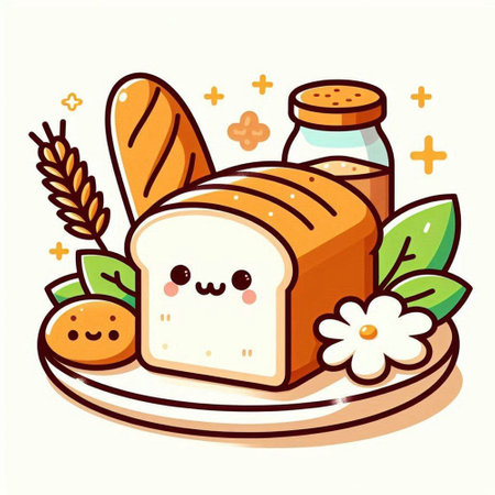 Cute cartoon bread character. Bakery food. Vector illustration.のイラスト素材