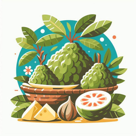 Custard apple and other tropical fruits in basket, vector illustrationのイラスト素材