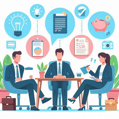 Business people sitting at table in office. Flat design vector illustration.のイラスト素材