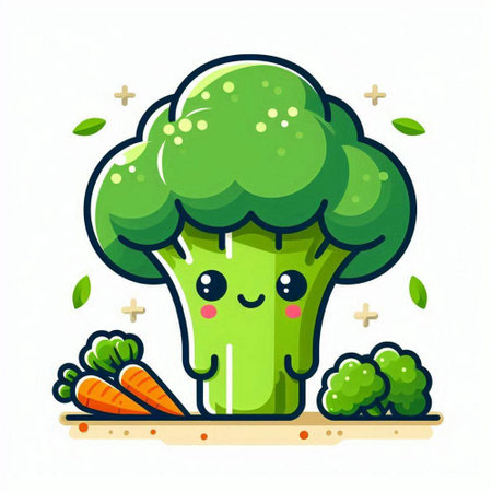 Cute cartoon broccoli character with carrot. Vector illustration isolated on white background.のイラスト素材