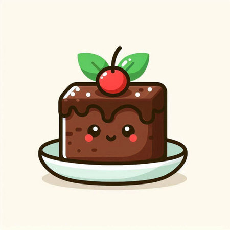 Cute chocolate cake with cherry on plate, vector cartoon illustration.のイラスト素材