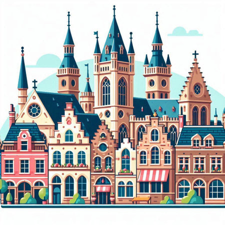 Amsterdam Netherlands cityscape with colorful houses, gothic cathedral and church. Vector illustrationのイラスト素材