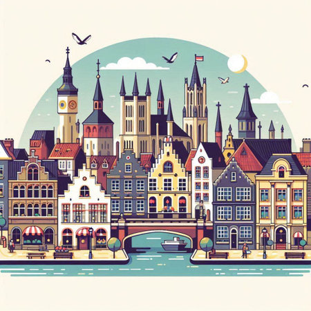 Cityscape of Amsterdam, Holland. Vector illustration in retro style.のイラスト素材