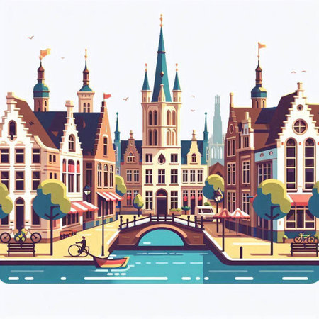 Amsterdam cityscape, Netherlands. Vector illustration in flat style.のイラスト素材