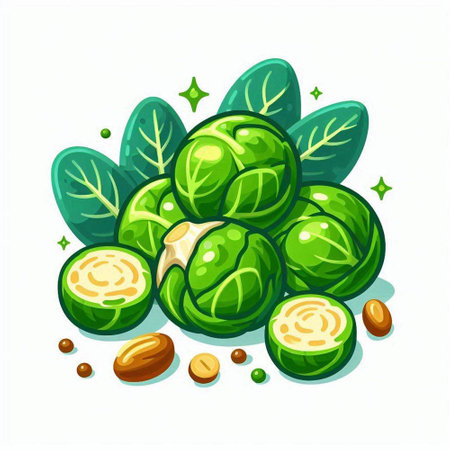 Brussels sprouts with leaves and seeds. Vector illustration.のイラスト素材