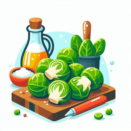 Brussels sprouts on a wooden board. Vector illustration in flat style.のイラスト素材