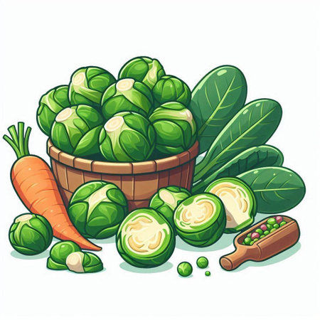 Brussels sprouts in a wooden basket. Vector illustration.のイラスト素材