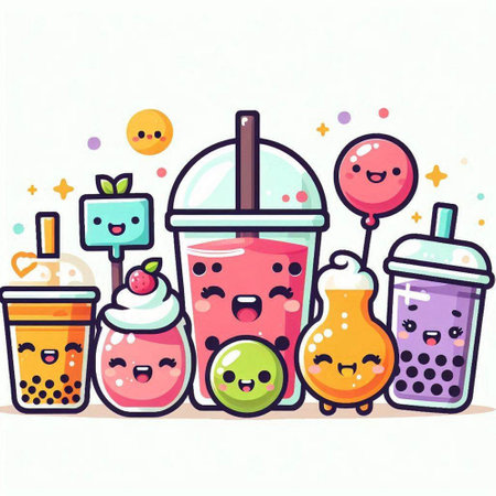 Funny bubble tea character vector illustration. Kawaii bubble tea character.のイラスト素材