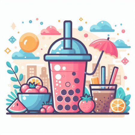 Fruit smoothie in plastic cup with straws. Vector flat illustrationのイラスト素材