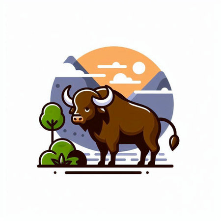Vector illustration of a buffalo standing in front of a mountain landscape.のイラスト素材