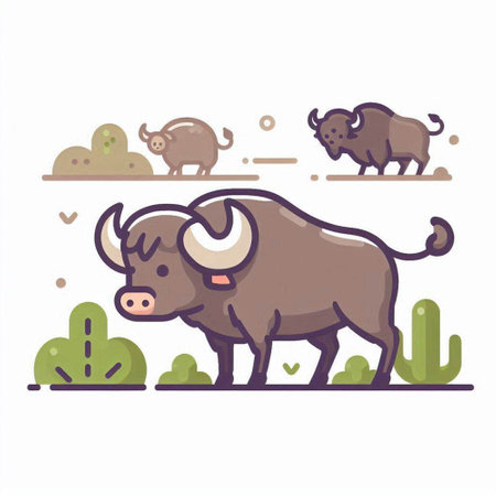 Buffalo vector illustration in flat style. Wild animal cartoon character.のイラスト素材