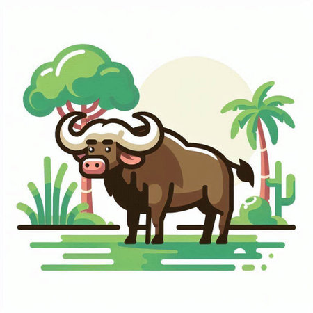 Vector illustration of a buffalo standing on the grass with palm trees.のイラスト素材
