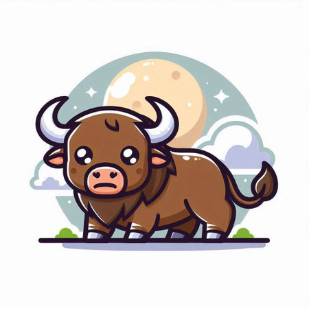 Vector illustration of a cute cartoon buffalo standing in front of the moonのイラスト素材