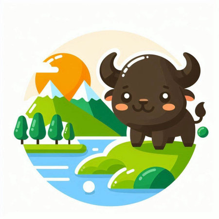 Cute cow on the background of the nature. Vector illustration.のイラスト素材