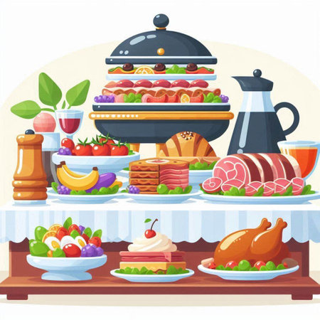 Catering buffet with food and drinks. Vector illustration in cartoon styleのイラスト素材