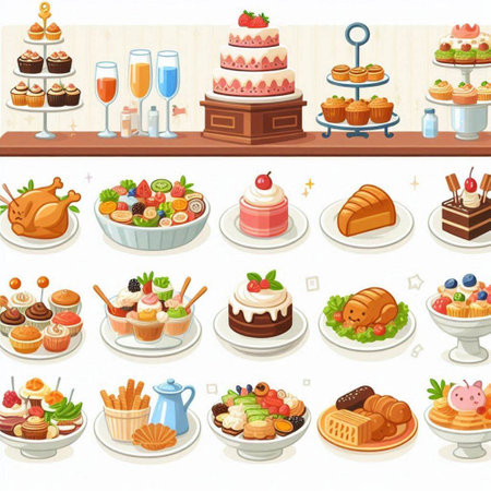 Set of different cakes and desserts. Vector illustration in cartoon style.のイラスト素材