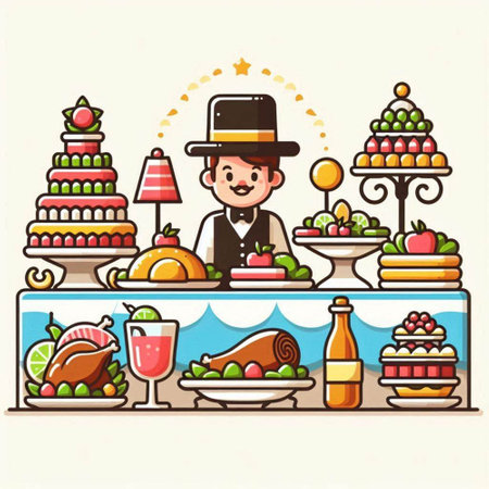 Cartoon vector illustration of a bar counter with a variety of foodのイラスト素材
