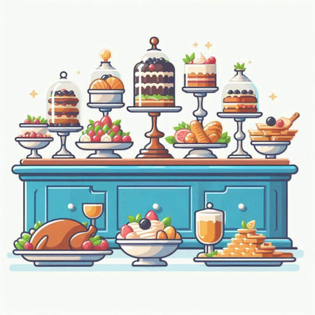 Catering bar counter with sweets and cakes. Vector illustration.のイラスト素材