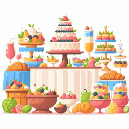 Fruit and berry buffet. Vector illustration in cartoon style.のイラスト素材