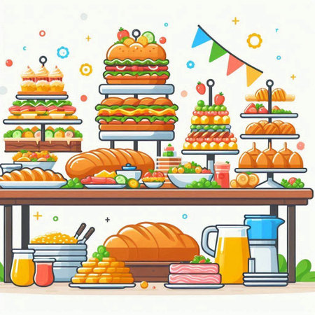Vector illustration of bakery shop with sweets, croissants and fruitsのイラスト素材