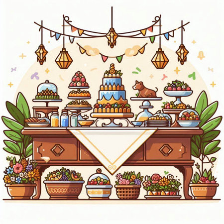 Vector illustration of a decorated table with sweets and candies in vintage styleのイラスト素材