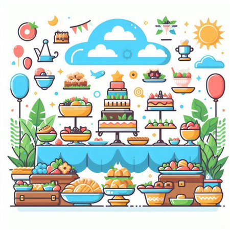 Vector illustration of sweet buffet with fruits, cakes, candies, cupcakes, donuts and other sweets.のイラスト素材