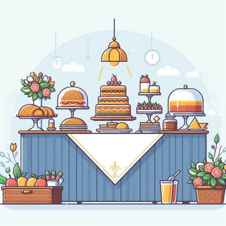 Catering service. Table with cake, coffee, juice and flowers. Vector illustrationのイラスト素材