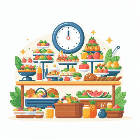 Fruits and vegetables on shelf in supermarket. Vector illustration in flat styleのイラスト素材