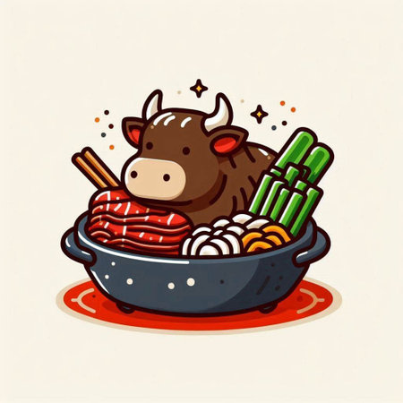 Illustration of a Cute Bull Eating Sushi in a Bowlのイラスト素材