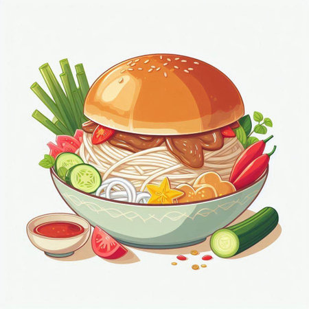 Illustration of a bowl of noodle soup with a hamburgerのイラスト素材