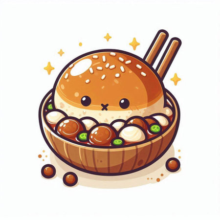 Kawaii hamburger in a wooden bowl. Vector illustration.のイラスト素材