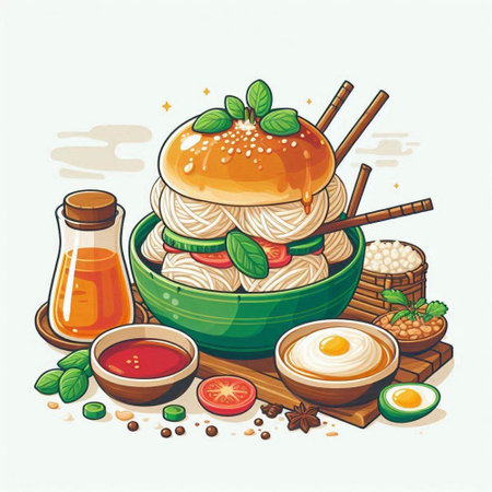 Illustration of bowl of noodle soup with chopsticks and sauceのイラスト素材