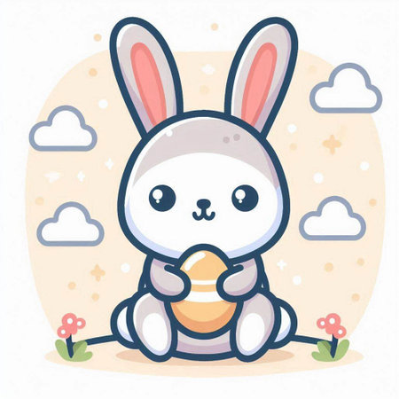 Cute cartoon bunny sitting on the grass with egg. Vector illustrationのイラスト素材