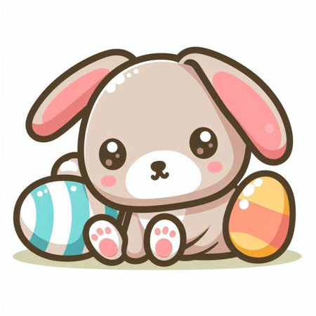 Cute cartoon easter bunny with colored eggs. Vector illustration.のイラスト素材