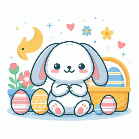 Cute bunny and basket with easter eggs. Vector illustration.のイラスト素材