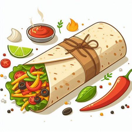 Illustration of a tortilla wrap with vegetables and spices on a white backgroundのイラスト素材